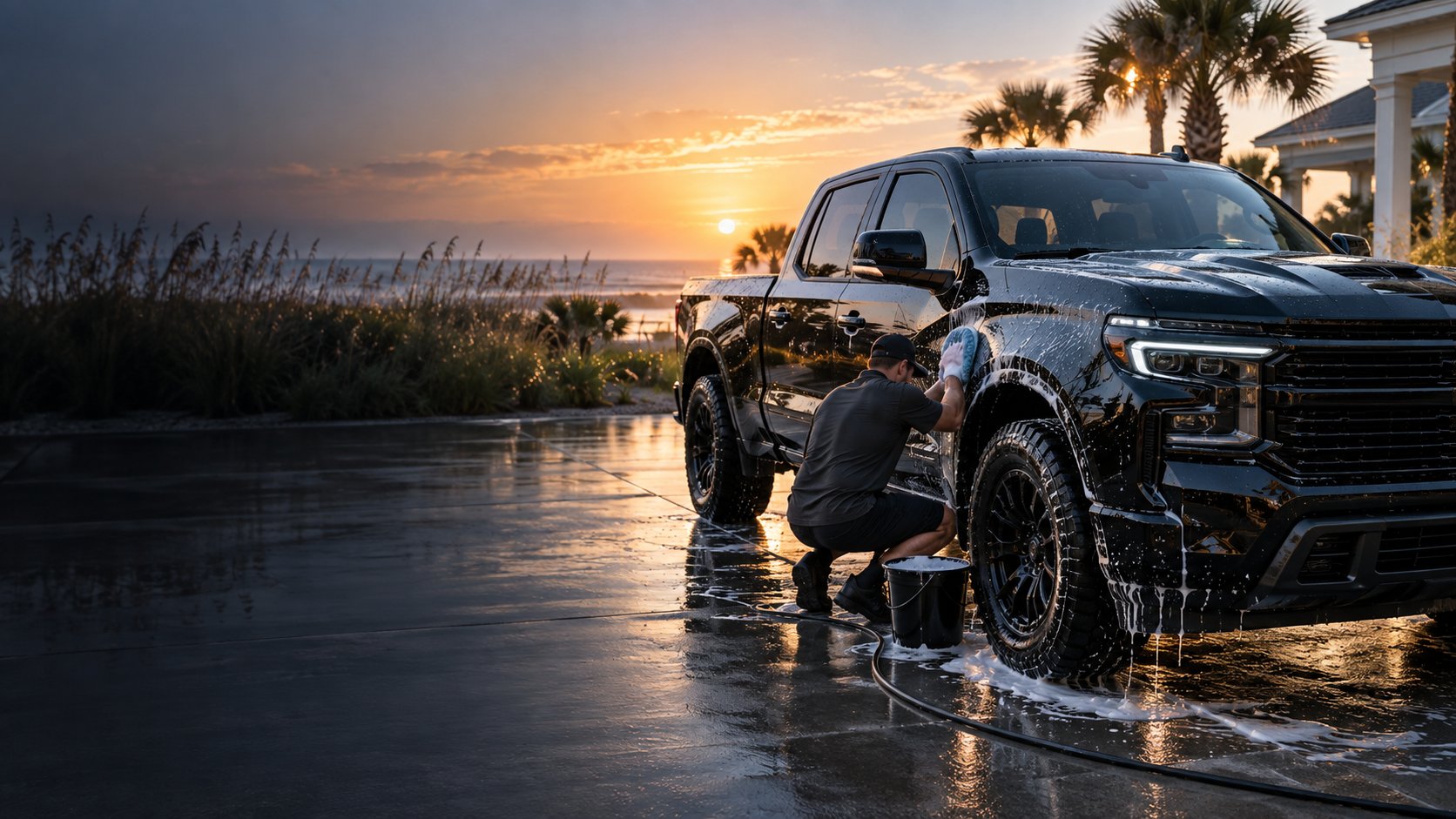 Mobile detailer hand washing a black pickup near the Gulf Coast at sunset