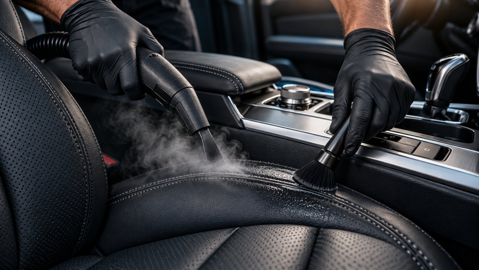 Professional detailing brush cleaning a dark vehicle interior