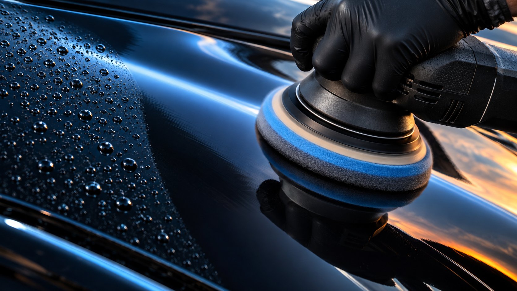 Detailing polisher refining glossy black vehicle paint